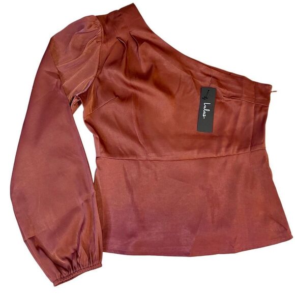 NWT Lulus Meet Me at Happy Hour Marsala Satin One-Shoulder Long Sleeve Top - Picture 6 of 10